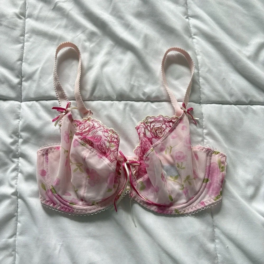 Womens 30DD Bra Pink‎ Unlined Underwire Back Closure Floral Feminine Coquette